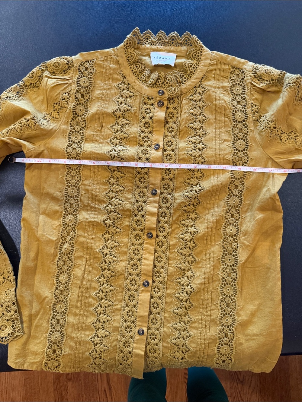 Sézane Rym Cotton Mustard Yellow Embroidered  Blouse Size 32 - Picture 9 of 9